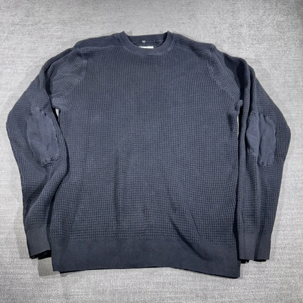 Old Navy Waffle Knit Sweater Mens Large Navy Blue Elbow Patches Thermal - Picture 1 of 7